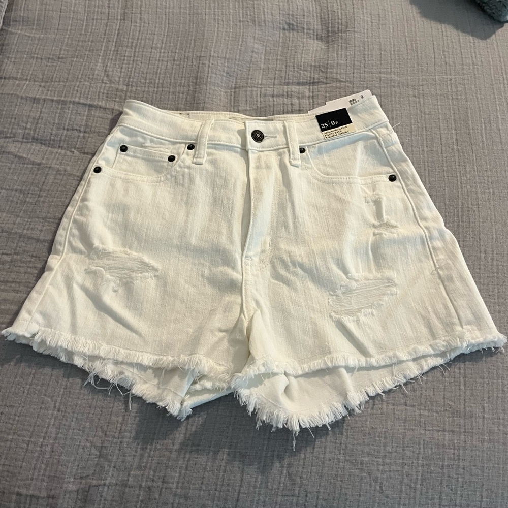 White Highrise Distressed Denim Shorts